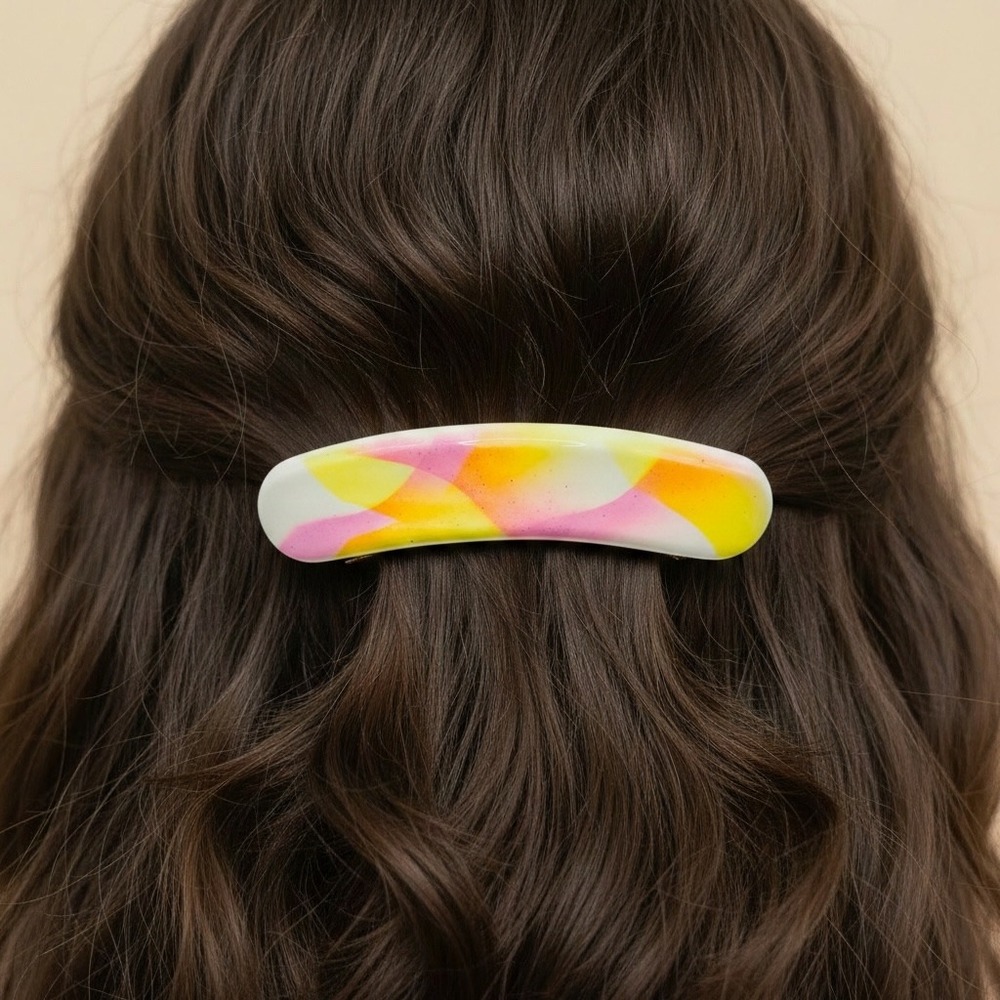 Vintage White Pink Yellow Swirled Marbled Abstract Hair Clip Barrette Accessory